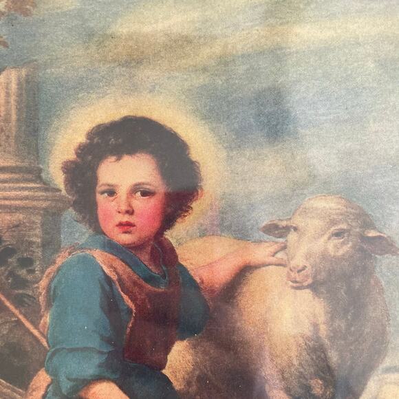 Vintage Infant St. John the Baptist Lamb Religious Print in Wooden Frame 1940s - Picture 2 of 3
